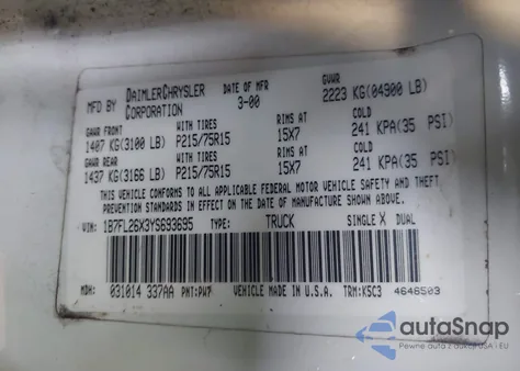 2000 Dodge Dakota Slt/Sport from USA, damaged, VIN 1B7FL26X3YS693695